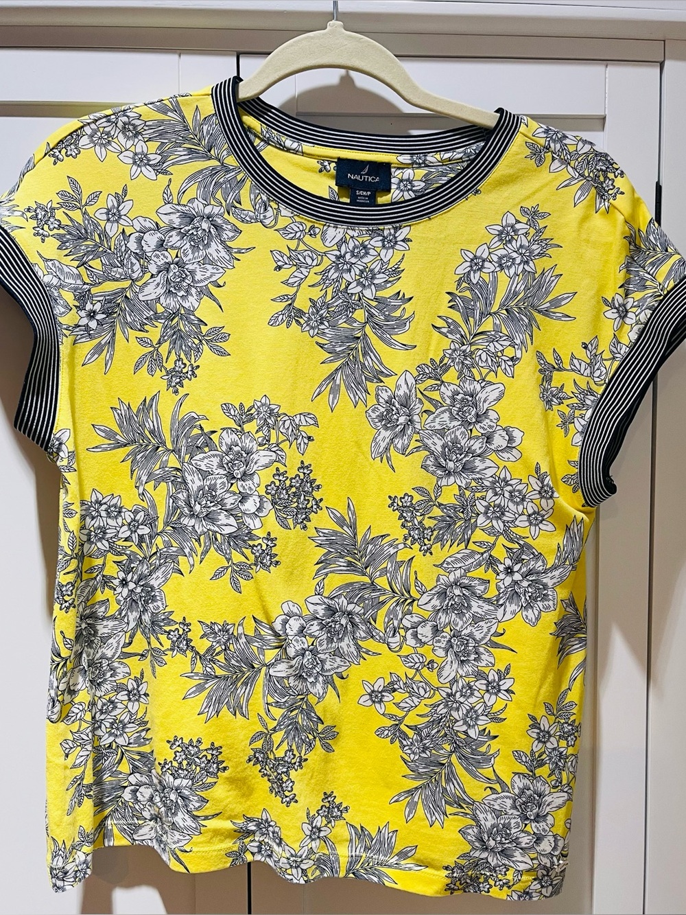 Nautica Yellow Tee with Gray Floral Print and Striped Trim